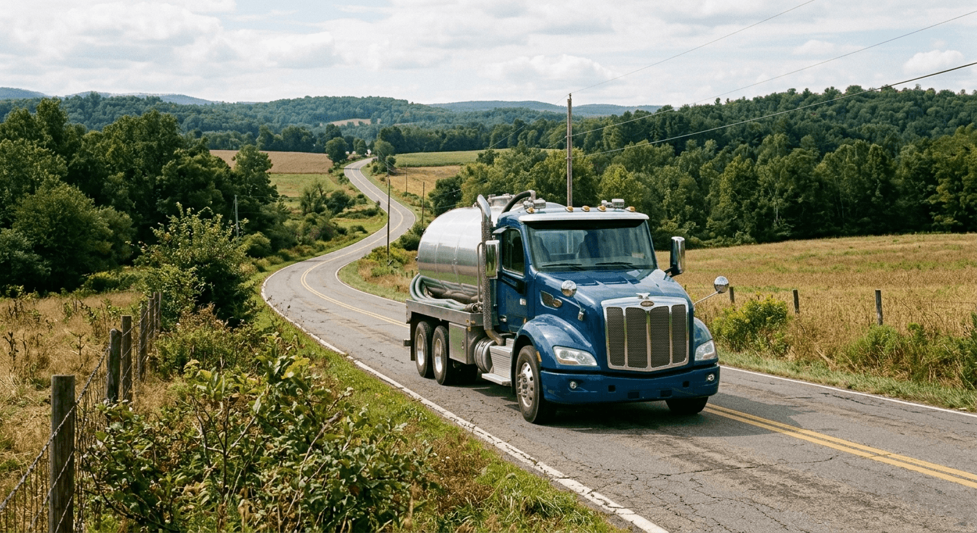 Septic service truck driving down a rural highway